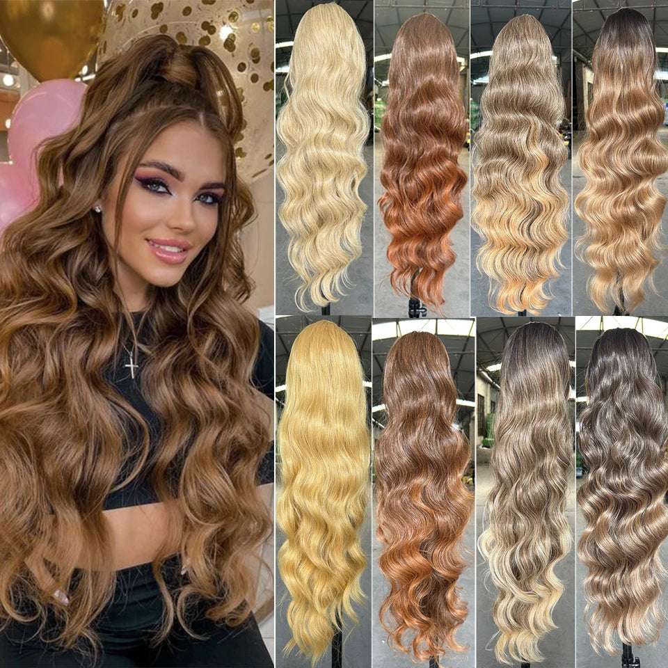28-Inch Synthetic Drawstring Ponytail – Ombre Brown & Piano Blonde Body Wave, 180g Heat-Resistant Hair Extension