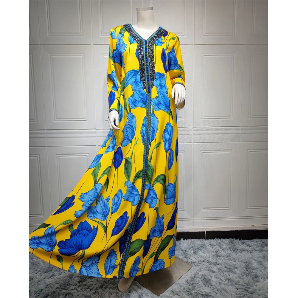 Elegant Ethnic Print Abaya Maxi Dress for Women – Muslim Jalabiya Modest Kaftan for Spring & Autumn