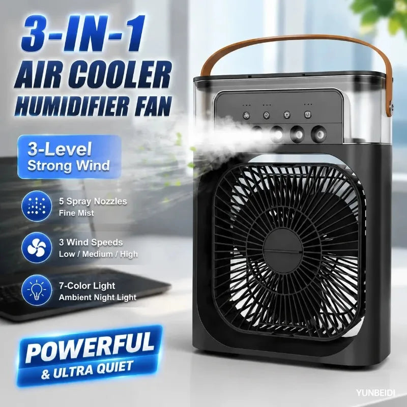 3-in-1 Desktop Air Cooler Fan with Humidifier, LED Light & Timer – Portable USB Spray Fan for Home & Office