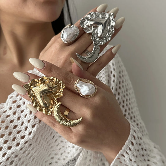 KMVEXO Punk Sweet Cool Pearl Big Heart Moon Open Rings Women Girls Fashion Punk Gold Silver Color Beads Knuckle Joint Rings