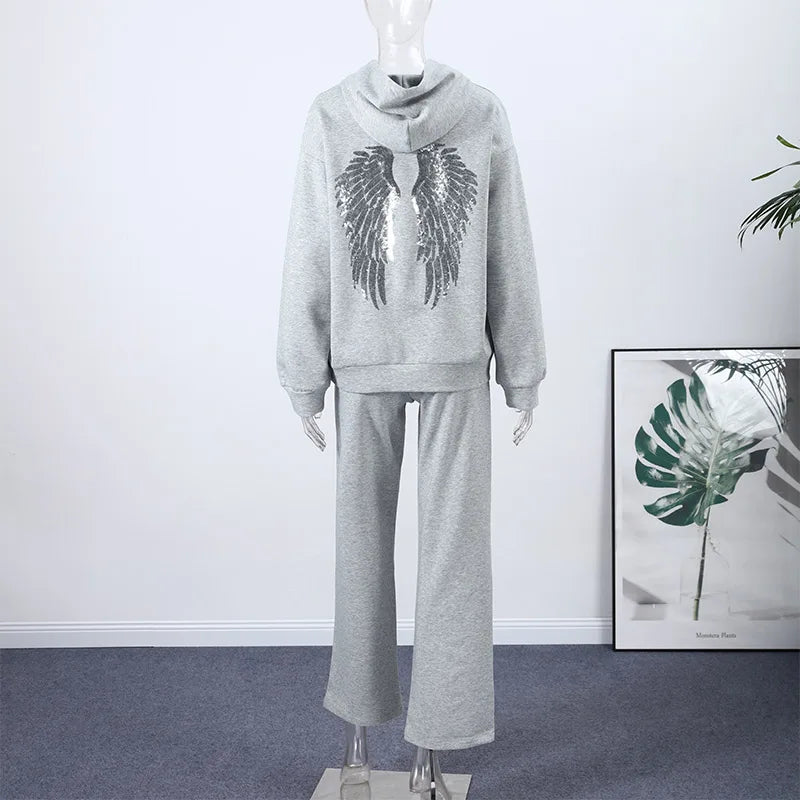 Women’s Sequined Wing Hooded Sweatshirt, Casual Long Sleeve Loose Fit Hoodie