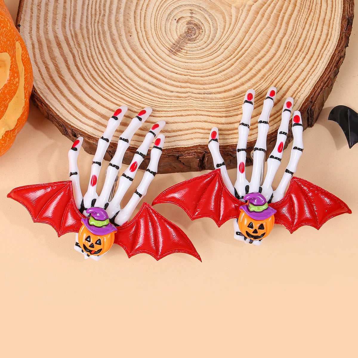 Halloween Skeleton Hand Hair Clips with Bat Wings, Pumpkin and Ghost Details for Gothic Hairstyles, Cosplay Costumes and Themed Parties