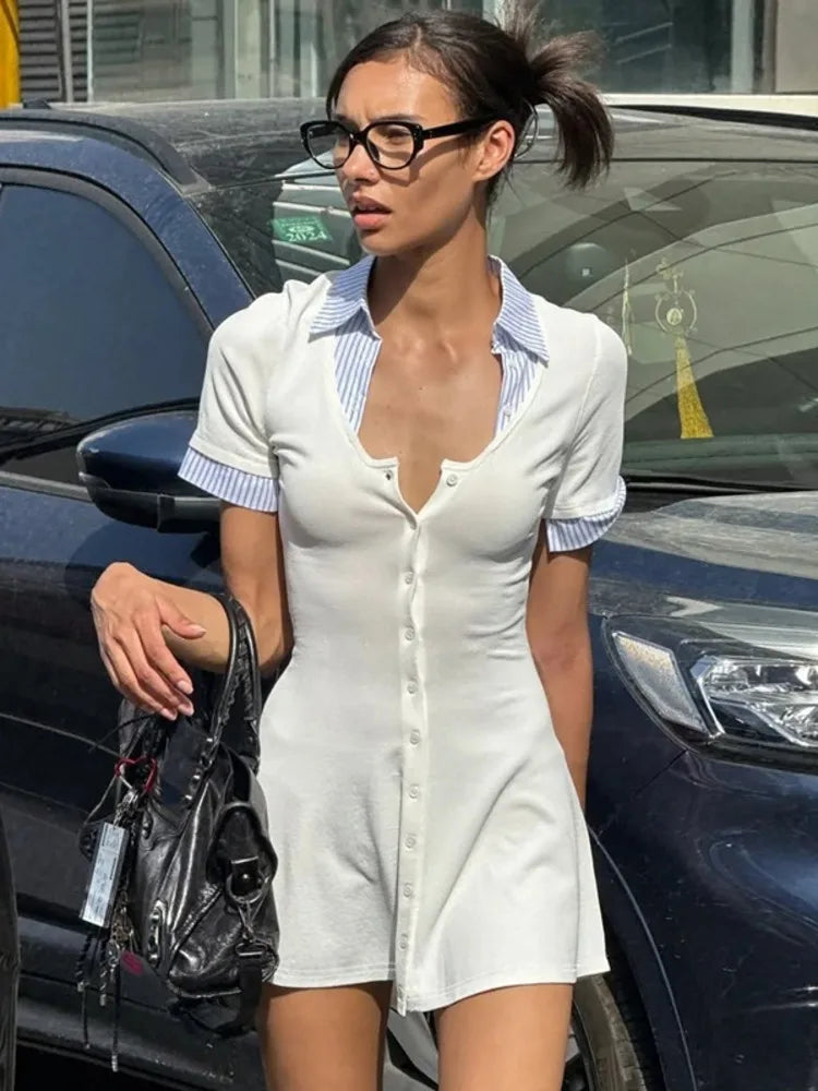 Short Sleeve Mini Dress – Square Neck Patchwork Striped High Waist Slim Fit Dress for Women