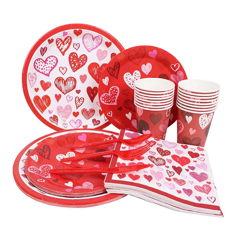 Love Heart Disposable Tableware Set – Paper Plates, Cups, Napkins & Tablecloth for Valentine’s Day, Wedding, Anniversary & Party Decor