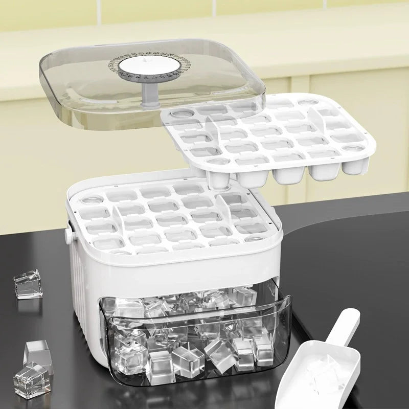 Premium Compact Double-Layer Ice Cube Tray with Lid & Storage Bin – Pull-Out Ice Drawer with Carry Handle | Space-Saving Kitchen Essential