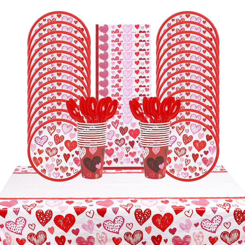 Love Heart Disposable Tableware Set – Paper Plates, Cups, Napkins & Tablecloth for Valentine’s Day, Wedding, Anniversary & Party Decor