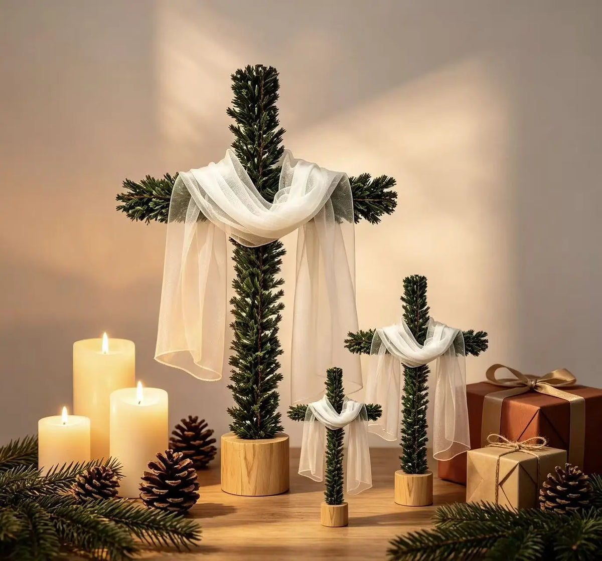 Artificial Pine-Style Greenery Cross with White Fabric Drape and Wood-Look Base for Christmas, Easter and Religious Tabletop Decor