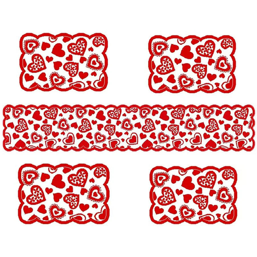 Classic red heart design polyester woven table runner, suitable for Valentine’s Day, family dining, home decoration, and everyday or special occasions.