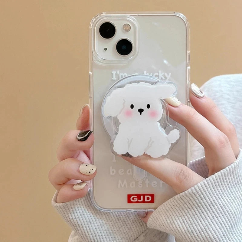 Korea Cute White Dog MagSafe Magnetic Phone Grip Tok with Foldable Stand