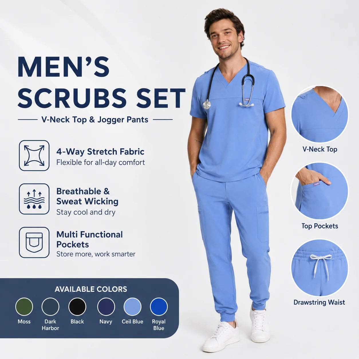 Men's Antibacterial Surgical Scrubs Set — Soft Breathable 2-Piece Medical Uniform