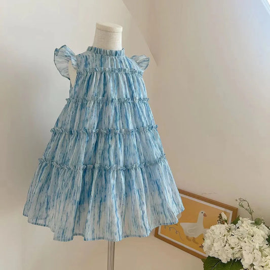 4-6Y Girls Princess Dress with Bow Fashion Designer Blue Party Dress Elegant  Vestidos Para Ninas  Baby Girl Dress