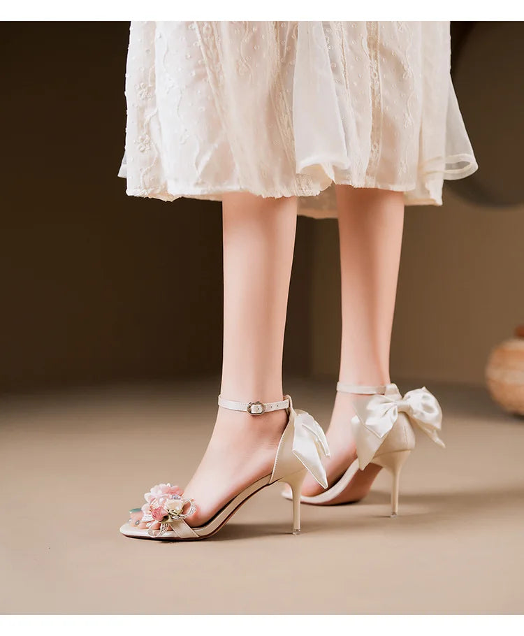 Women’s Open Toe High Heel Sandals – Satin Flower Bow, Buckle Strap, Elegant Dress & Wedding Shoes