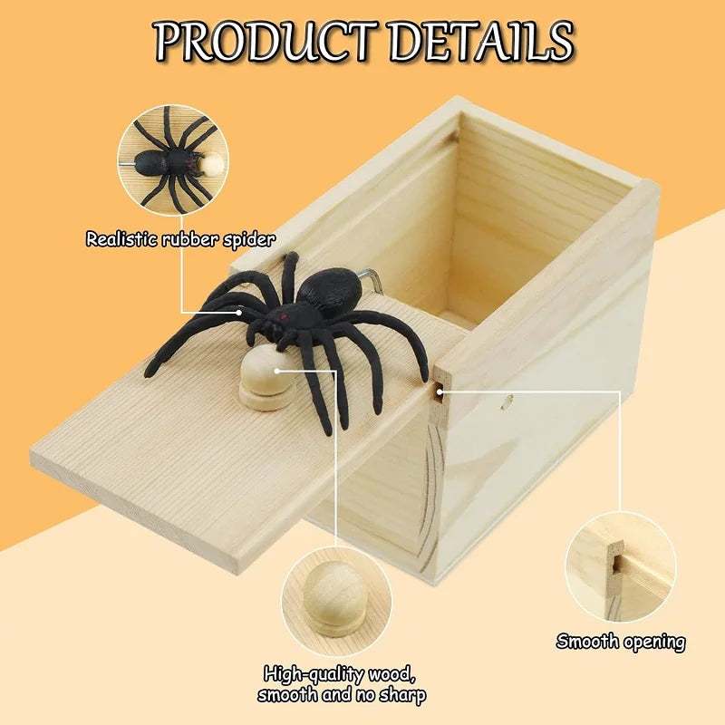 Pop-Out Spider Prank Box – Handmade Wooden Scare Box with Rubber Spider, Funny Surprise Joke Toy for Parties and Halloween