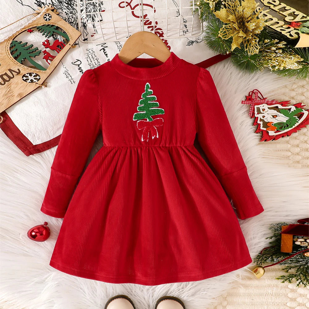 Baby Girl New Year Dress – Green Christmas Tree Print Outfit, “My First New Year” Costume for Newborns & Toddlers