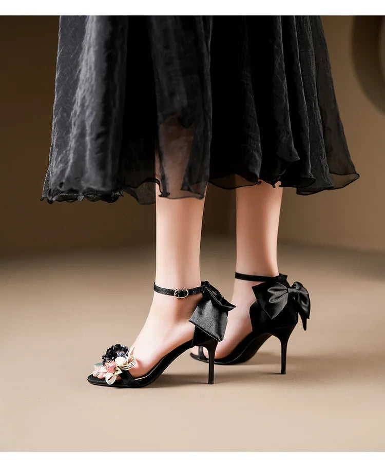 Women’s Open Toe High Heel Sandals – Satin Flower Bow, Buckle Strap, Elegant Dress & Wedding Shoes