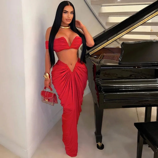 Party Night Ruched Maxi Dress Sets for Women Two Piece Set Sexy Club Outfits Slash Neck Crop Top + Long Skirt Matching Sets