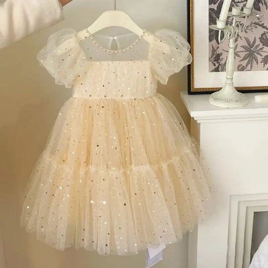 Elegant  Girls Summer Dresses Baby Bubble Sleeve Mesh Sequin Dress Temperament Princess Party Short Sleeve clothes