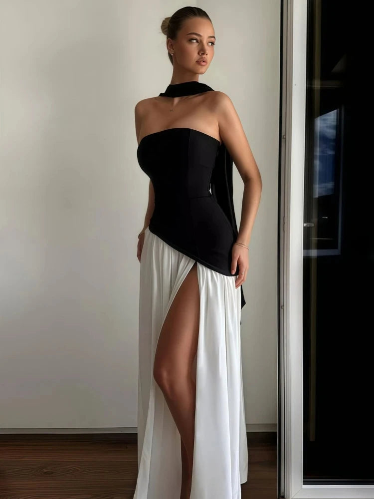 Elegant Pleated Long Dress for Women – Off-Shoulder, Scarf Neck, High Slit | Party & Evening Gown