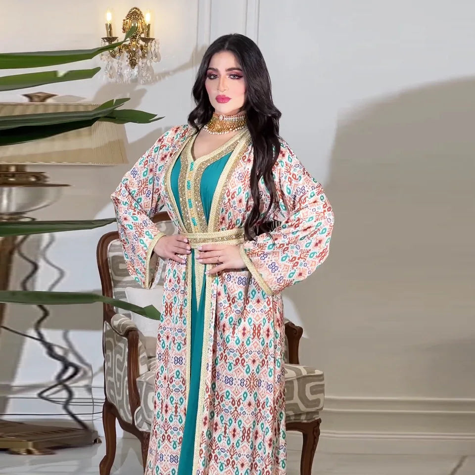 2026 Women’s Two-Piece Dress Set – Modest Islamic Long Maxi Dress, Elegant Rhinestone Embellished Outfit, Luxury Muslim Fashion for Party, Evening & Casual Wear