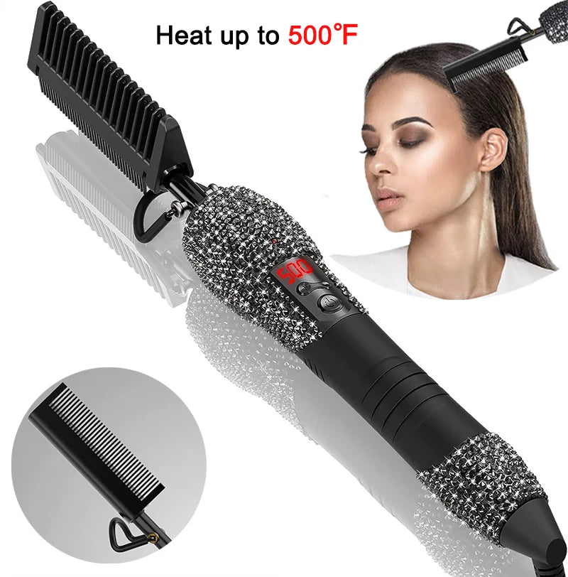 Electric Hot Comb Hair Straightener with Rhinestone Design and LCD Display