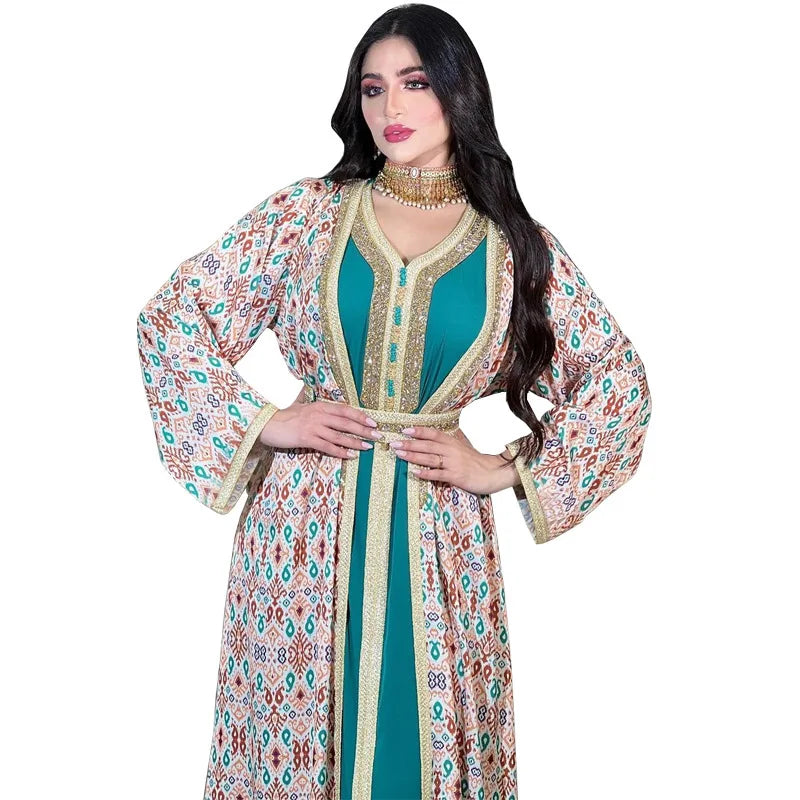 2026 Women’s Two-Piece Dress Set – Modest Islamic Long Maxi Dress, Elegant Rhinestone Embellished Outfit, Luxury Muslim Fashion for Party, Evening & Casual Wear