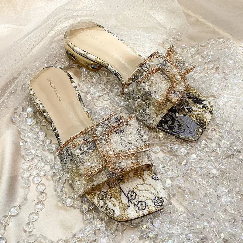 Women’s Slippers 2025 – Luxury Pearl Rhinestone Chunky Heel Sandals, Summer Butterfly-Knot Slip-On Shoes