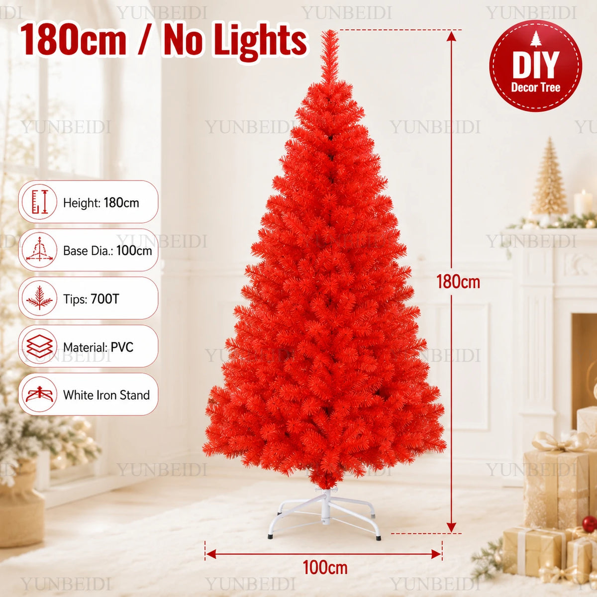 Red Artificial Christmas Tree, 120–240 cm PVC Holiday Tree with Optional Warm White USB LED Lights for Indoor Decorating