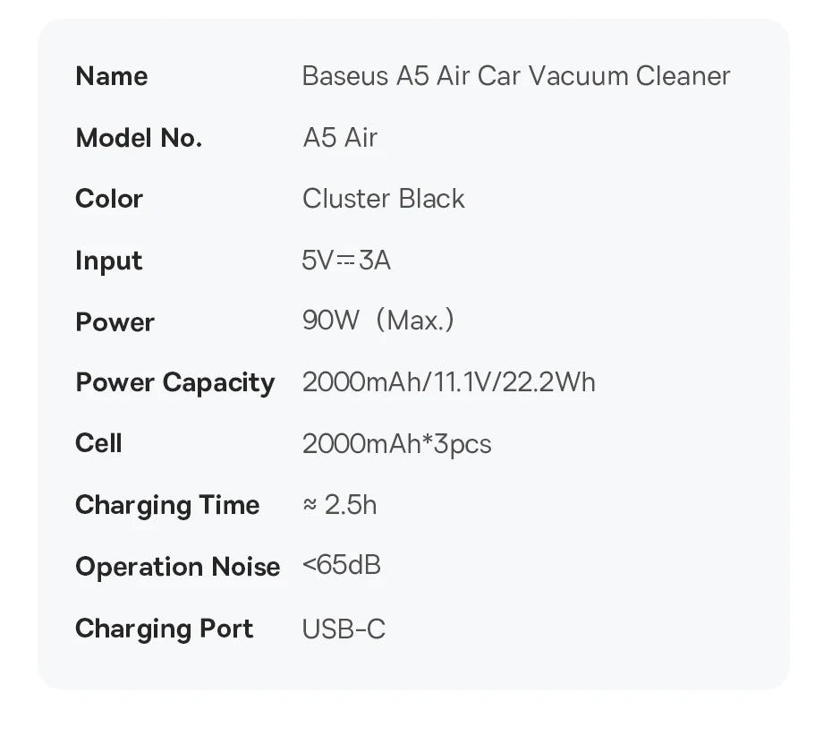 Baseus A5 Air Cordless Handheld Vacuum Cleaner – Powerful Suction for Car & Home