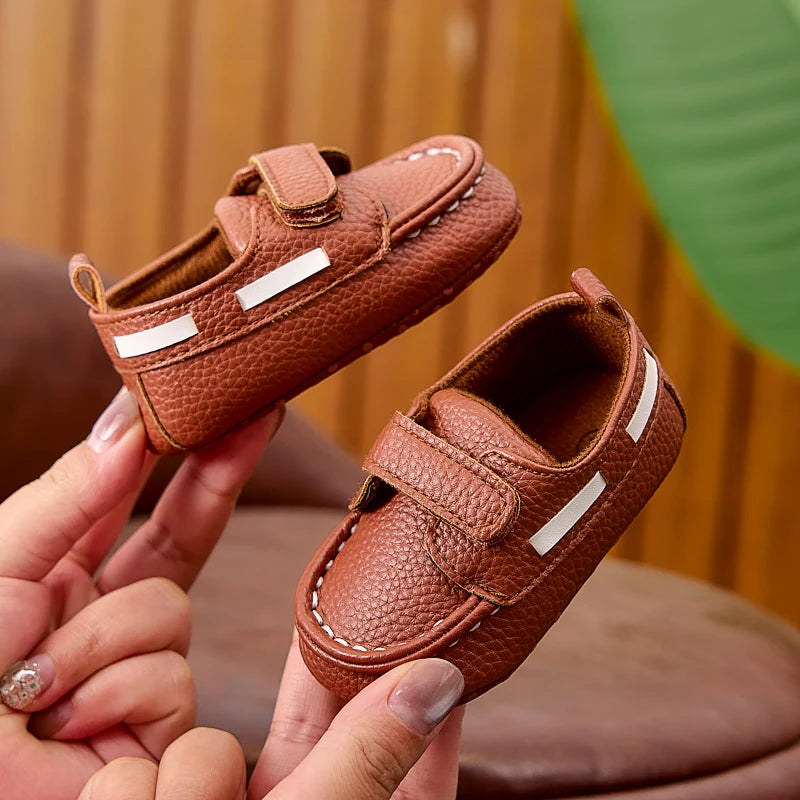 Baby Soft-Sole Loafer Shoes with Hook-and-Loop Straps, PU Leather Prewalker Moccasin Style