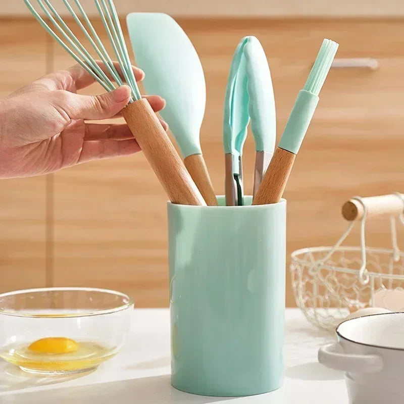 12-Piece Non-Stick Silicone Cooking Spoon Set with Wooden Handles – Heat-Resistant Kitchen Utensils with Storage Container | Ideal for Home & Professional Use