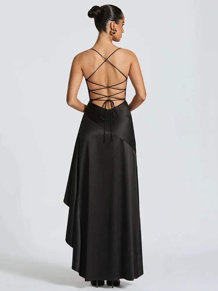 Elegant Spaghetti Strap Satin Split Maxi Dress for Women – Sexy Backless Bodycon Party & Evening Dress, Perfect for Summer Holidays & Beachwear