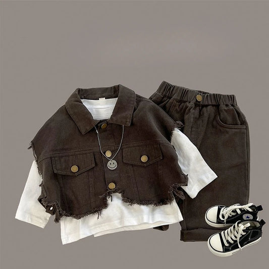 Kids Sets Spring 2025 New Korean Fashion Vests Undershirts Long Cargo Pants Baggy 3 Pieces