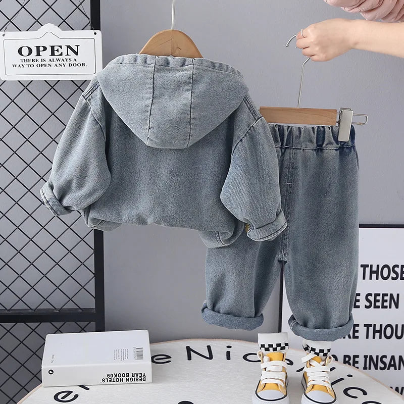 2025 Spring Autumn Children's Clothing Sets Baby Boys Girls Casual Hooded Letter Denim Sweatshirt+Jeans 2pcs Suit Kids Tracksuit