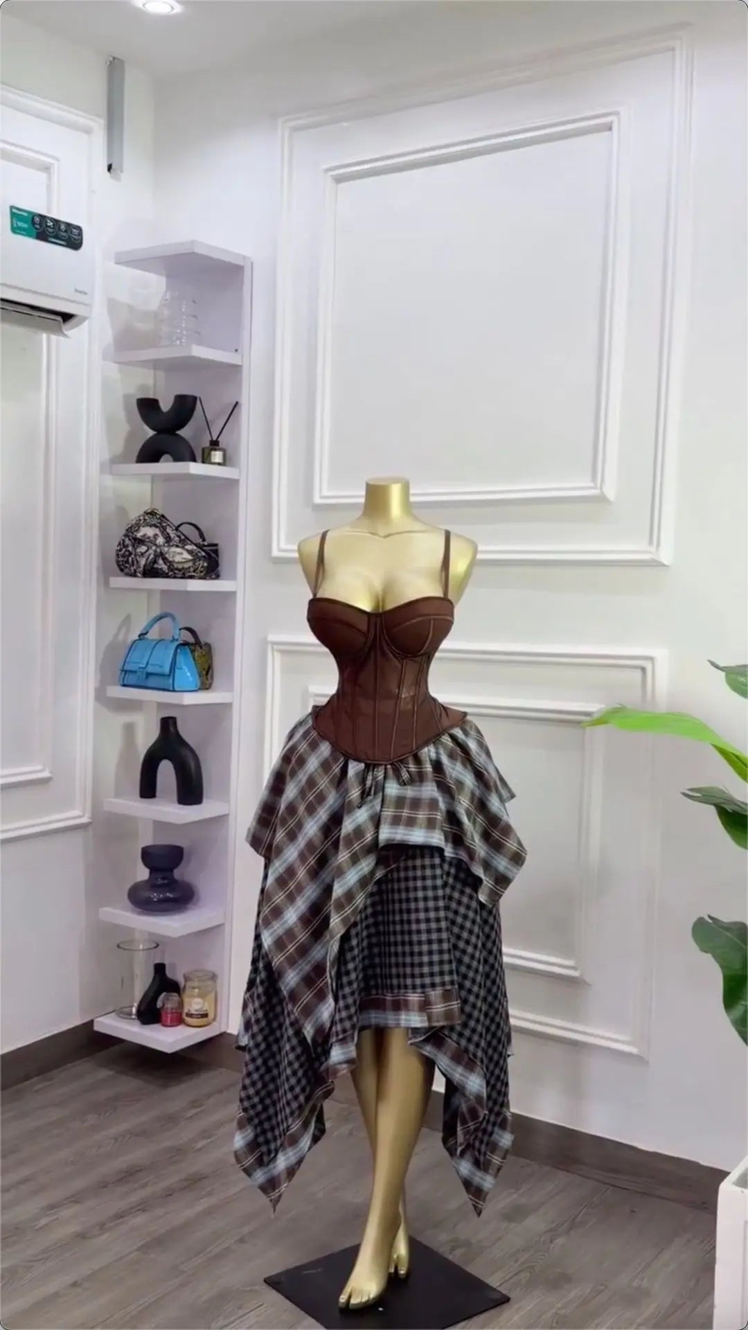Y2K Retro Brown 2-Piece Mesh Bustier Top and Plaid Skirt Set