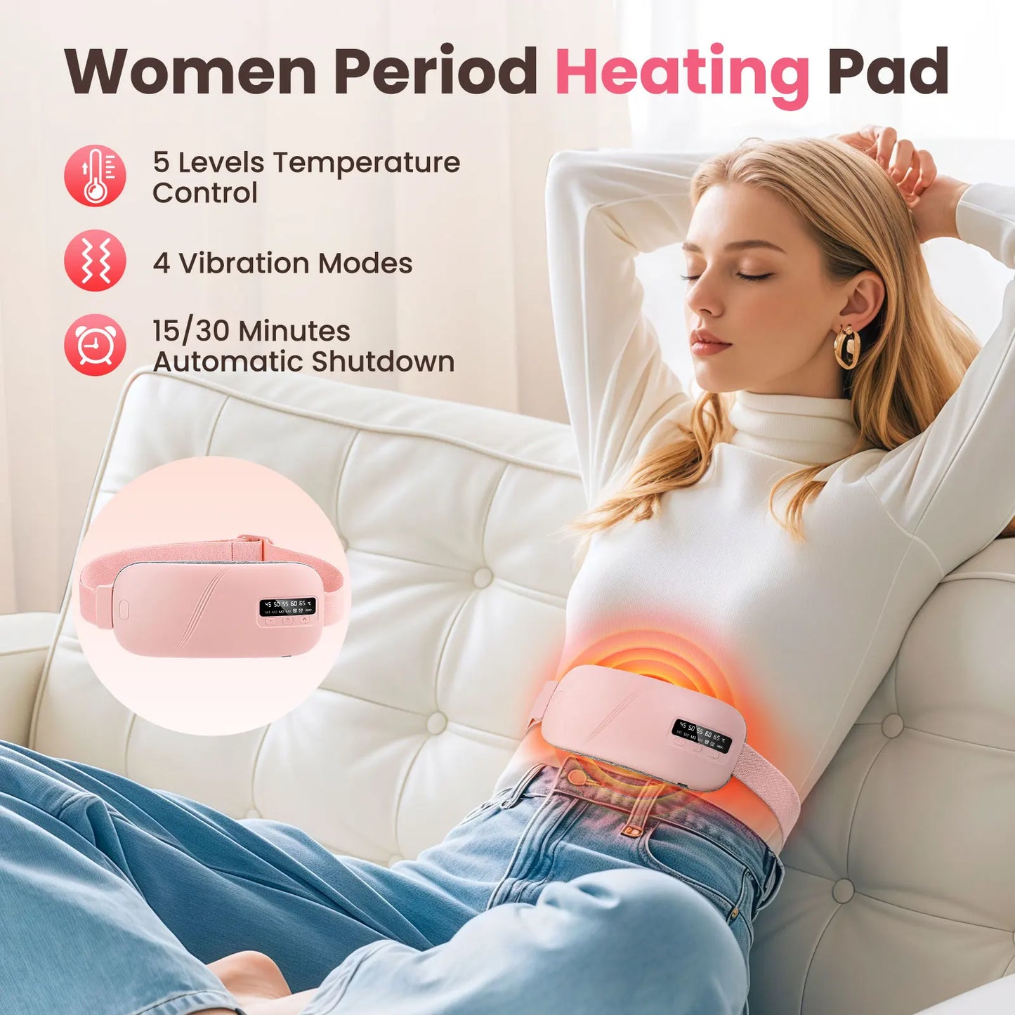 Electric Heating Pad & Menstrual Cramp Massager Belt – Vibration & Heat Therapy for Period Pain Relief