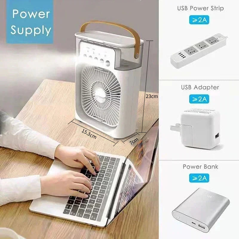 3-in-1 Mini Air Cooler Fan with Humidifier & LED Night Light – Portable USB Desktop Cooling Fan for Home & Office