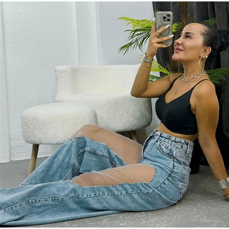 Women’s High-Waist Distressed Denim Jeans with Sheer Mesh Knee Panels – Trendy Streetwear Pants | Italian Street Style