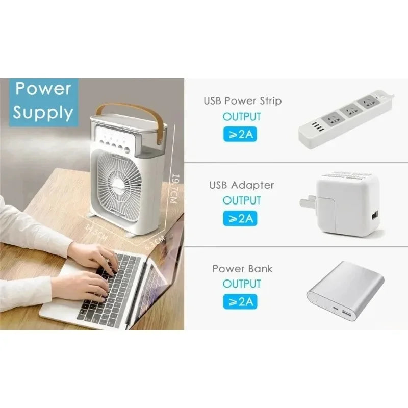 3-in-1 Desktop Air Cooler Fan with Humidifier, LED Light & Timer – Portable USB Spray Fan for Home & Office