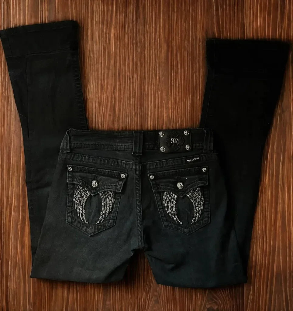 Women’s Distressed Straight-Leg Jeans – Vintage Wash Denim Pants with Embroidered Pockets, Casual Street Style
