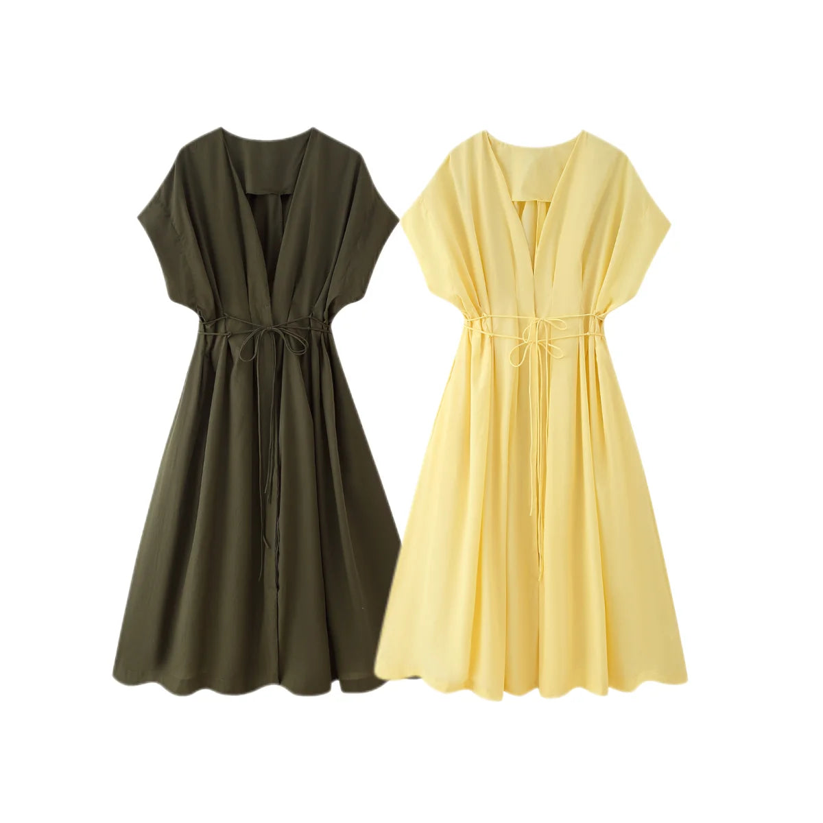 Women's Elegant V-Neck Long Dress – Short Sleeve Lace-Up Bow Waist Casual Dress