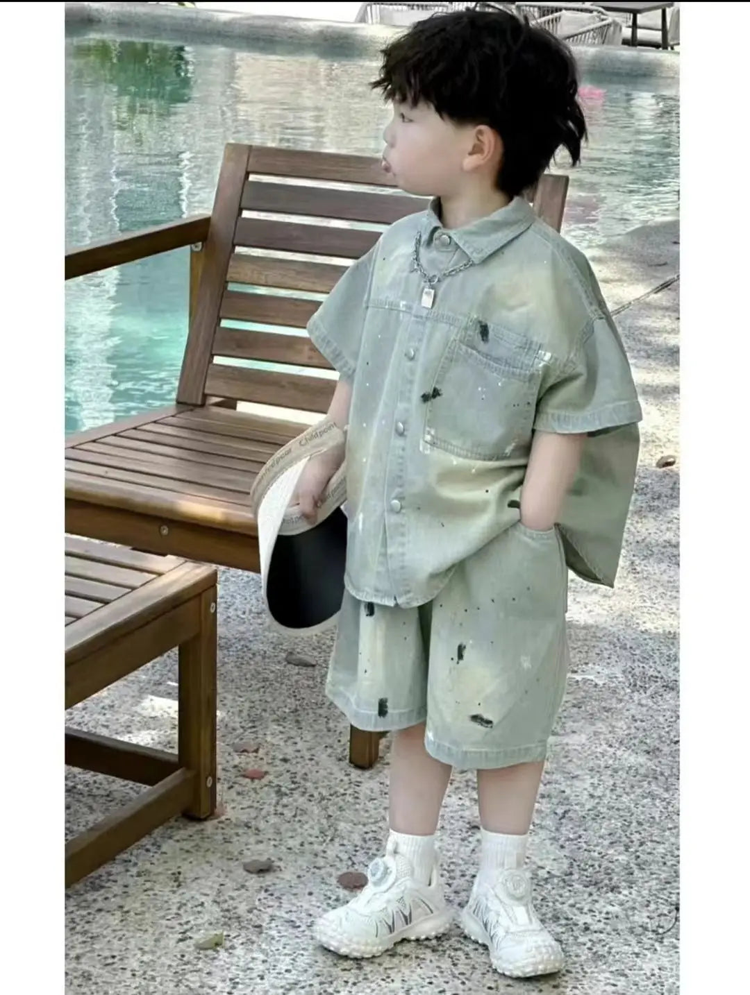 2PCS Fashion Kids Summer Clothes Boys Set 2025 New Girls Splashing Ink Washing Soft Denim Short Sleeved Shirt and Shorts