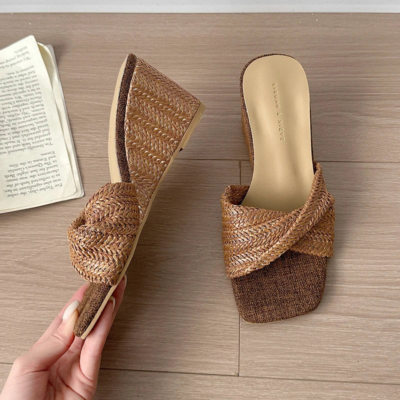 Women’s Designer Weave Wedge Slides – Open Toe Height Increase Summer Sandals, Fashion Outdoor Slip-On Dress Shoes