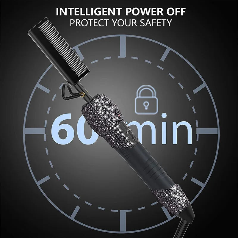 Electric Hot Comb Hair Straightener with Rhinestone Design and LCD Display