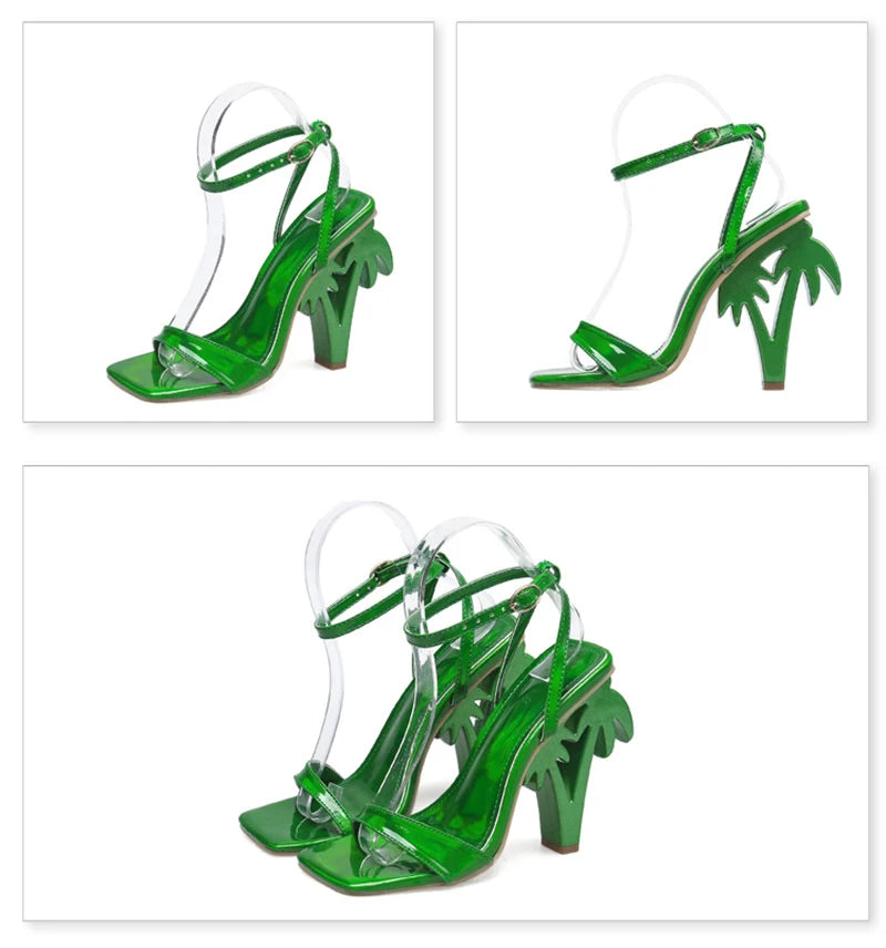 Women's Green Patent Leather Ankle Strap Heels – Square Toe Fretwork Sandals | Party & Fashion Shoes"