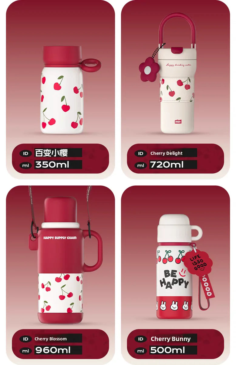 Portable Cherry Series Stainless Steel Insulated Straw Tumbler – Double-Wall Vacuum Travel Water Bottle for Hot & Cold Drinks