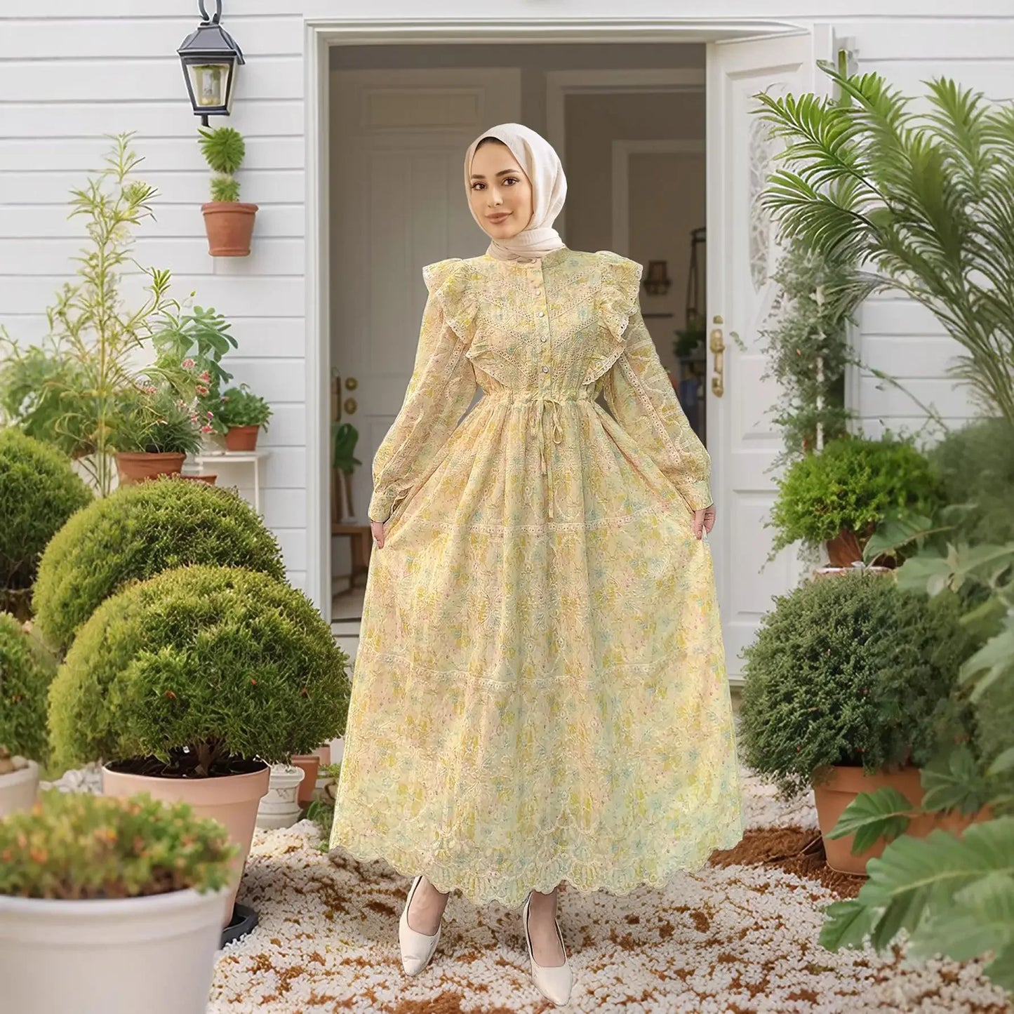 Elegant Ethnic Print Abaya Maxi Dress for Women – Muslim Jalabiya Modest Kaftan for Spring & Autumn