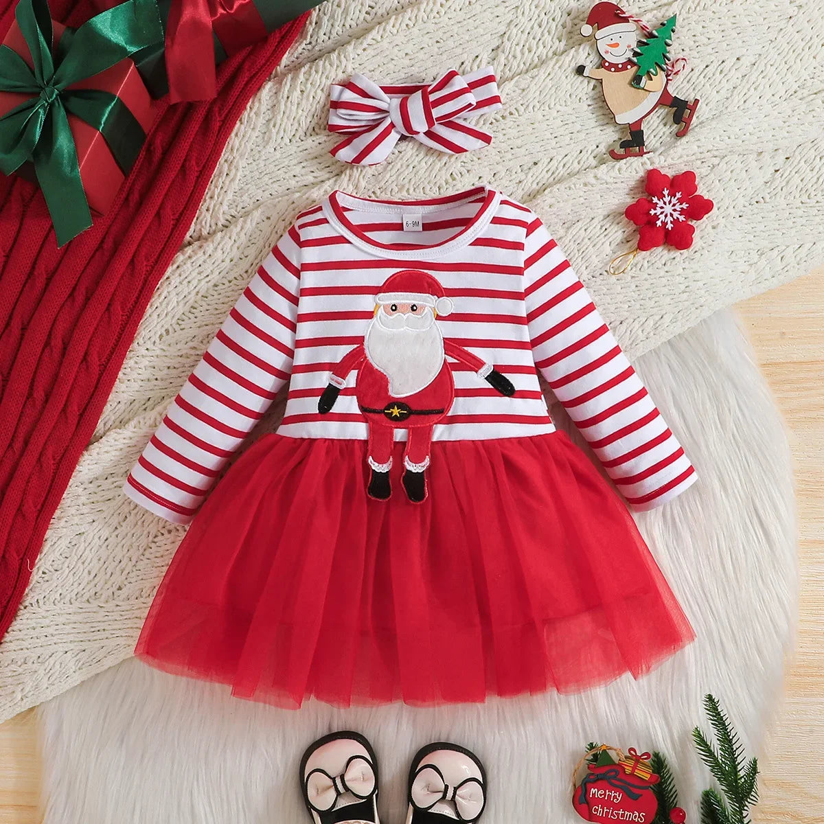 Baby Girl New Year Dress – Green Christmas Tree Print Outfit, “My First New Year” Costume for Newborns & Toddlers