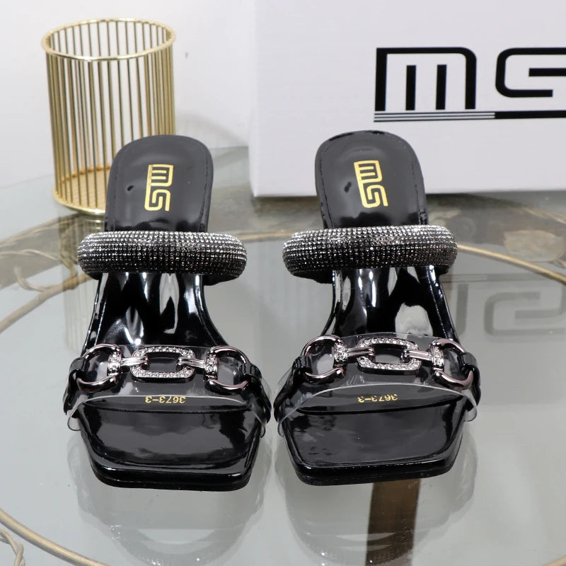 Women’s Transparent Strap Heeled Sandals – Chic Box-Style Square Alien Heel with Metal Accent | Summer Fashion Slippers
