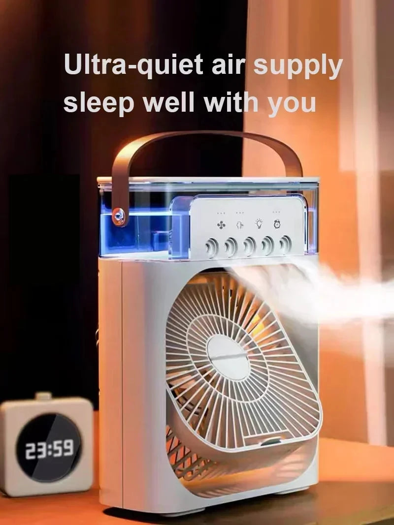 3-in-1 Mini Air Cooler Fan with Humidifier & LED Night Light – Portable USB Desktop Cooling Fan for Home & Office