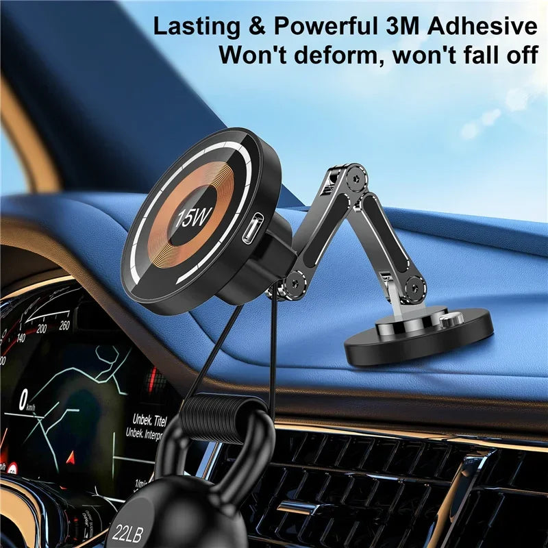 15W Magnetic Wireless Car Charger Mount – Strong MagSafe Phone Holder with 360° Rotation & Fast Charging for iPhone 15/14/13/12